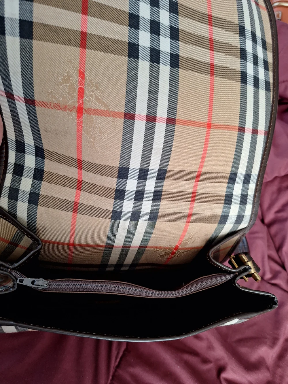 Vintage Plaid Leather Crossbody Bag - Tan, Black & Red- Burberry Lookalike - Picture 3 of 3